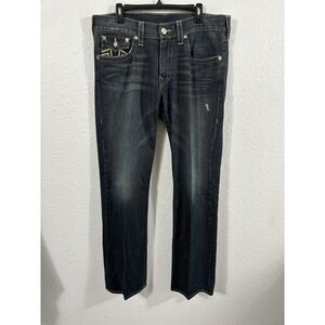 True Religion Jeans Mens 36x33.5 Dark Blue Straight Leg Made USA Contrast Stitch